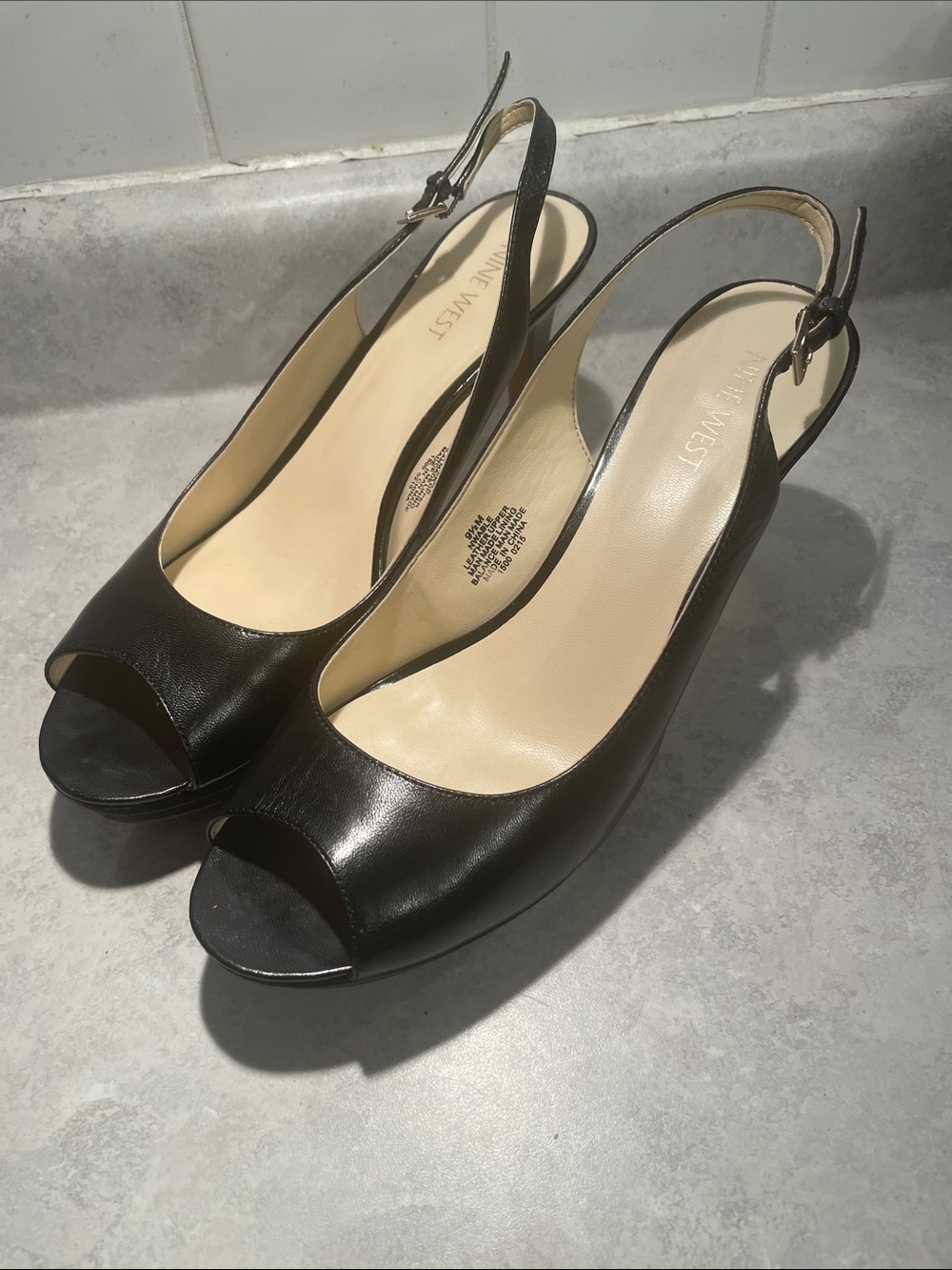 Nine West Black Leather Peep-Toe Slingback Heels
